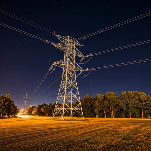 Modern geometric power grid infrastructure at night