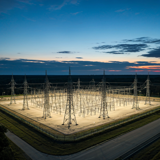 Aerial view of a large power grid station at twilight